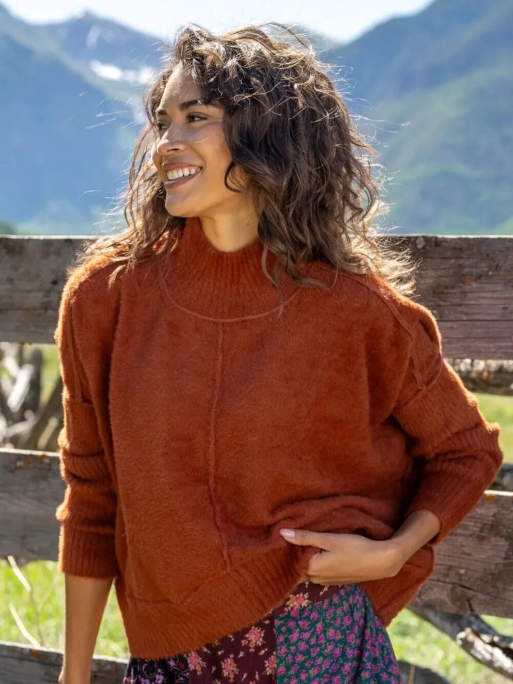 Natural Life Fuzzy Mock Neck Sweater in Rust